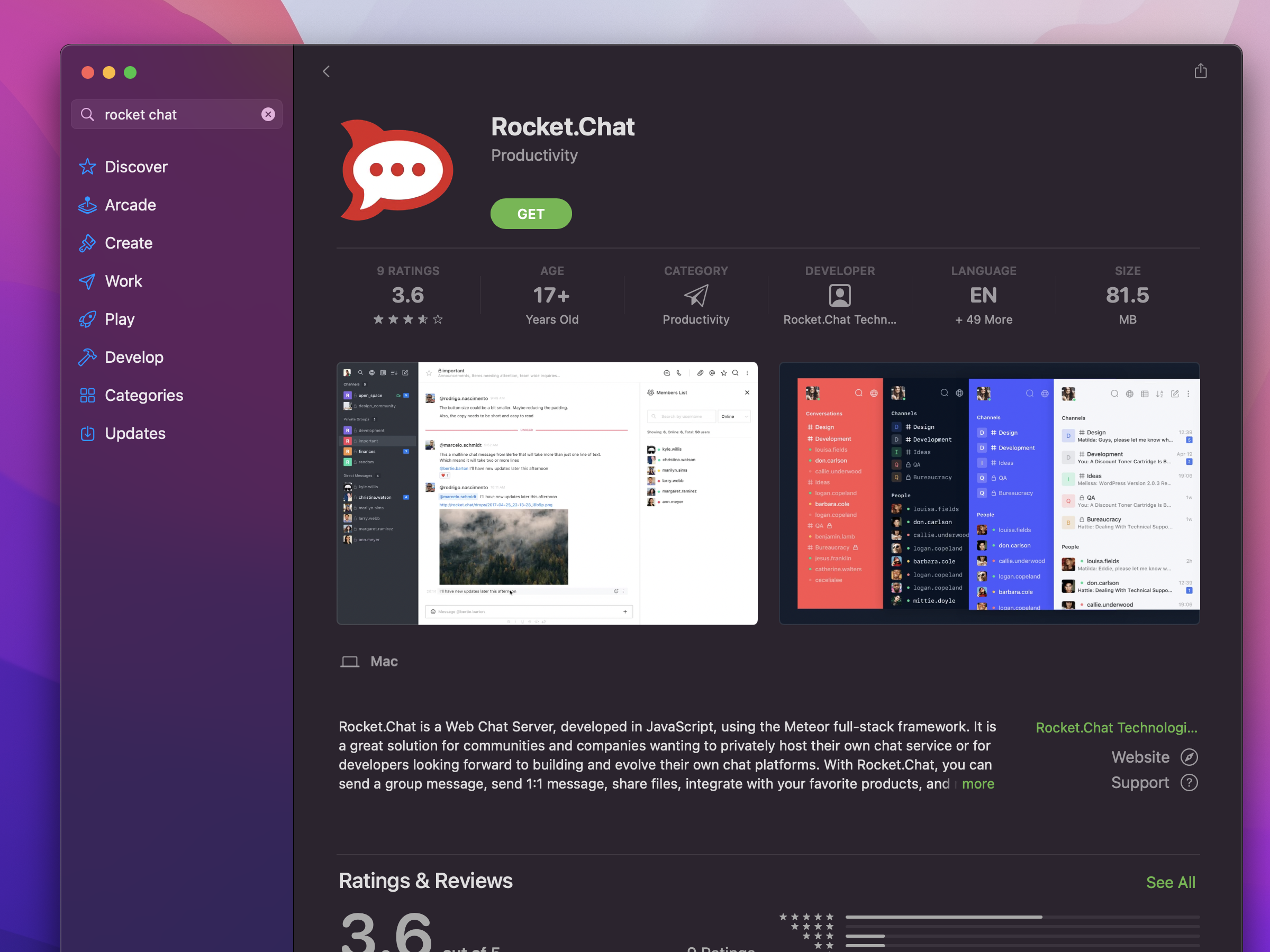 Rocket.Chat 다운로드 페이지가 열려있는 Mac App Store 창.
