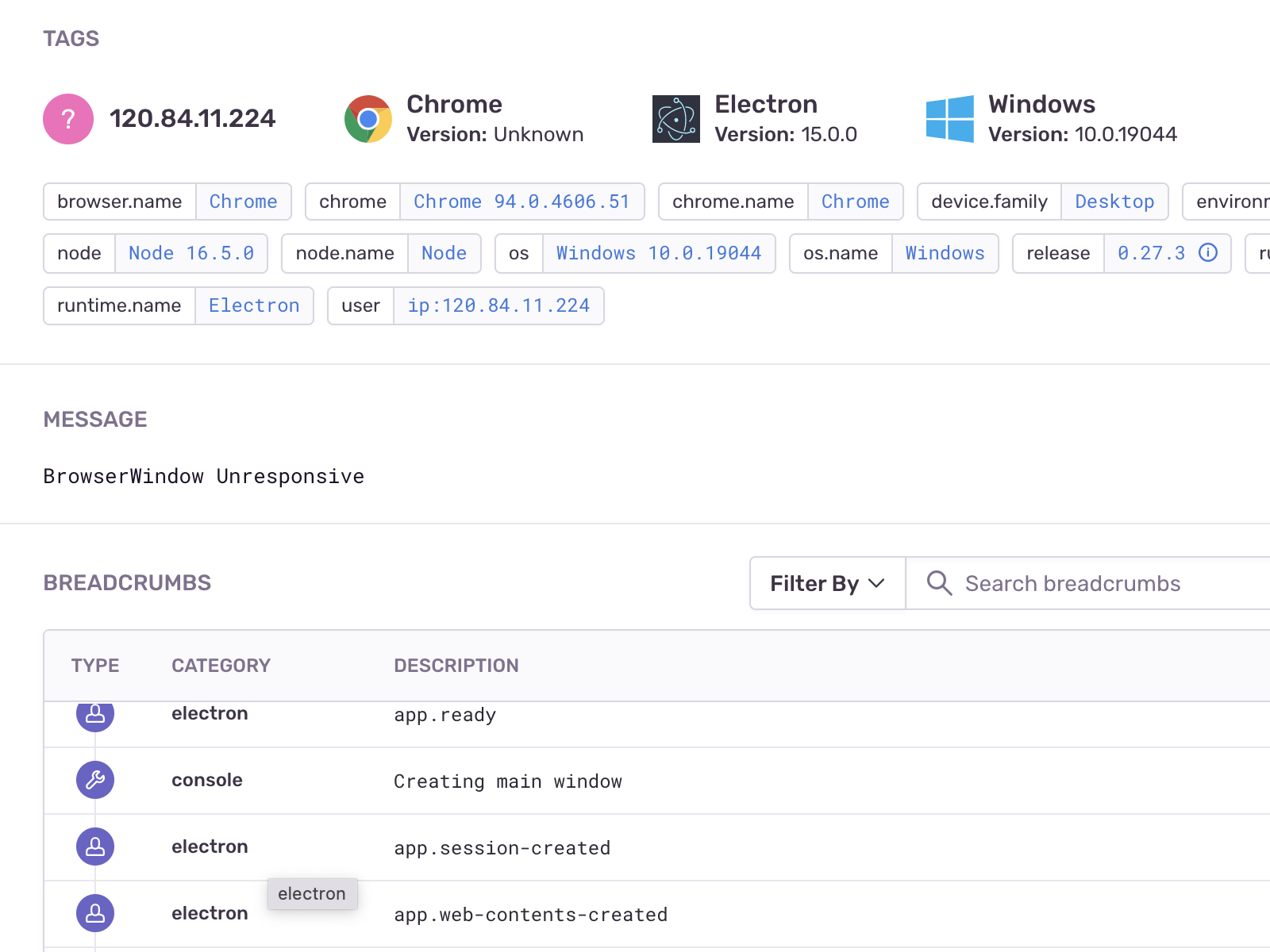 Sentry 크래시 리포트(https://sentry.io) 스크린샷. 오류 메시지 ('BrowserWindow 무응답'), 사용자 이동 경로, 사용자 정보를 보여줍니다.