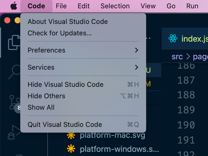 VSCode를 위한 macOS 운영체제 메뉴. 'Code' 메뉴 항목이 선택되어 있고, 하위 메뉴에는 'Visual Studio Code 정보', '업데이트 �확인...', '환경설정', '서비스', 'Visual Studio Code 숨기기', '다른 항목 숨기기', '모두 보기', 'Visual Studio Code 종료' 항목이 있습니다.